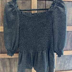 Max Studio Black Peplum Top with White Dot Print